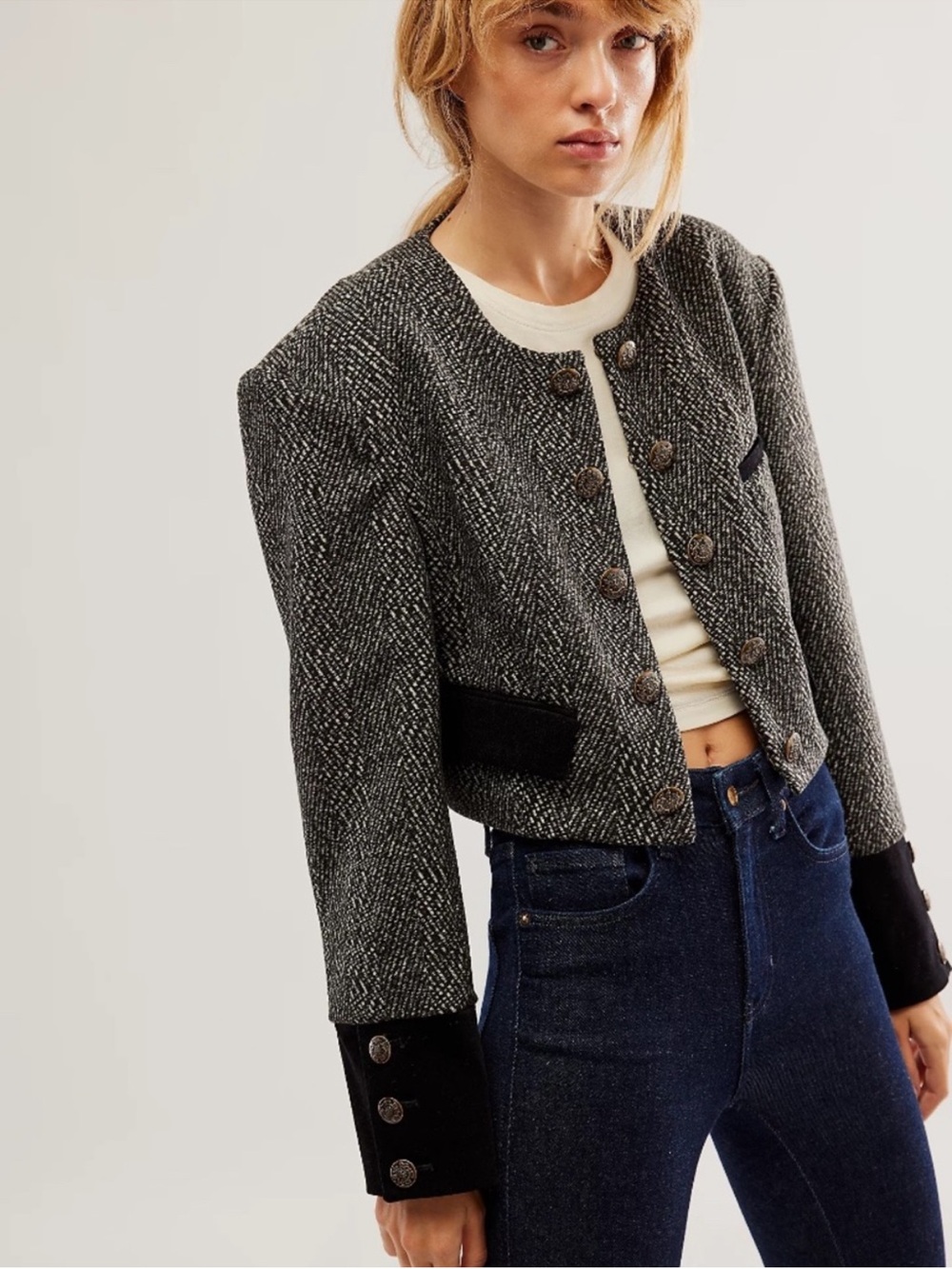 Free People Military Jacket Emily Double Breasted Tweed in Black